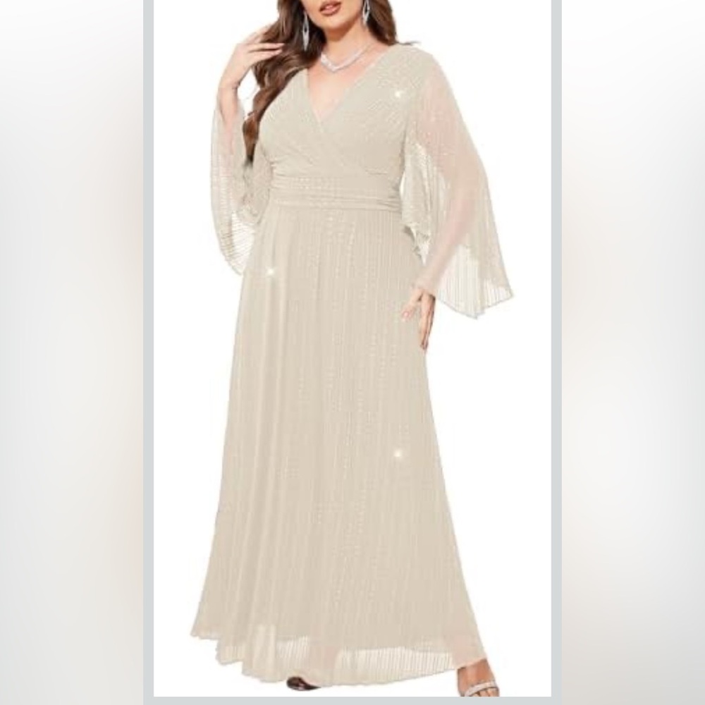 Cyclamen Plus Size 1X Beige Sparkly Lace Maxi Dress with Cape Sleeves